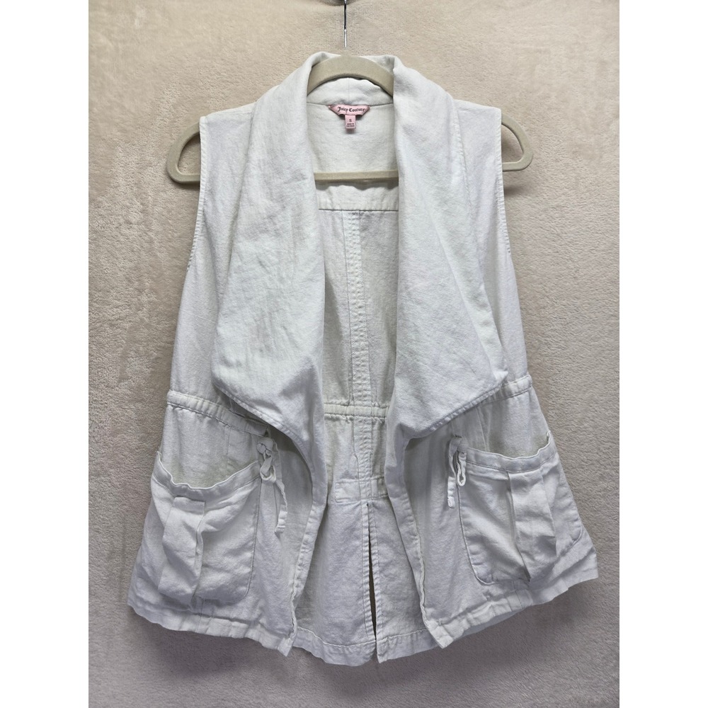 Juicy Couture White Linen Blend Utility Vest Cargo Draped Open Small Safari